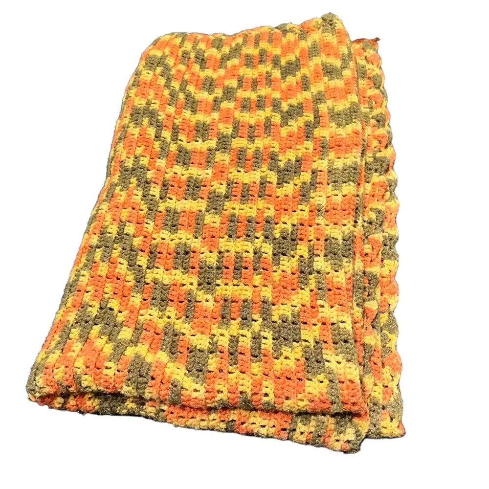 Vintage ca 70s Handmade Orange, Green, and Yellow Crocheted Afghan Blanket